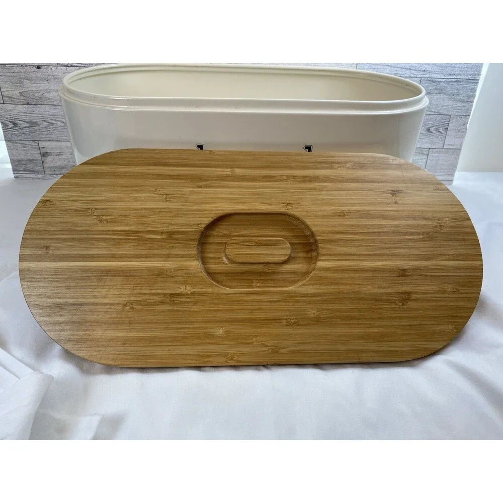 SveBake Bread Box Metal With Bamboo Top Cutting Board Lid